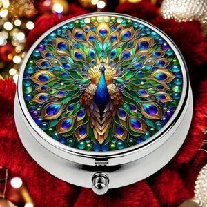 Peacock Pill Box Medicine Mini Stainless Steel Case Mirror Travel Purse Peafowl